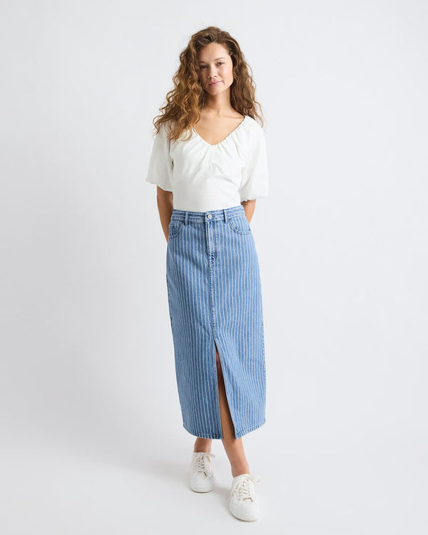 Striped High-Rise Denim Maxi Skirt 1